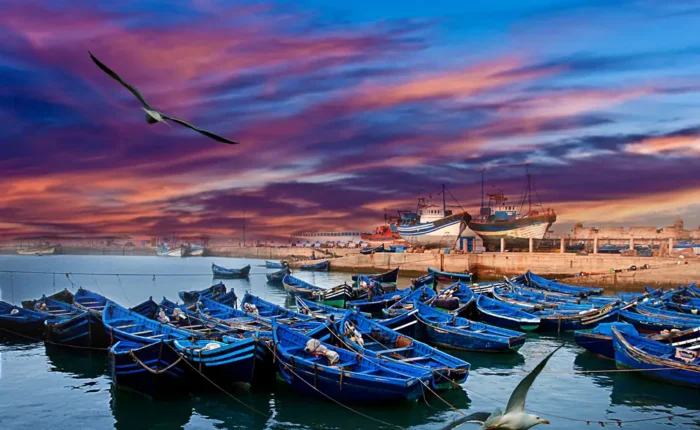 Barcas azules en el puerto de Essaouira al atardecer